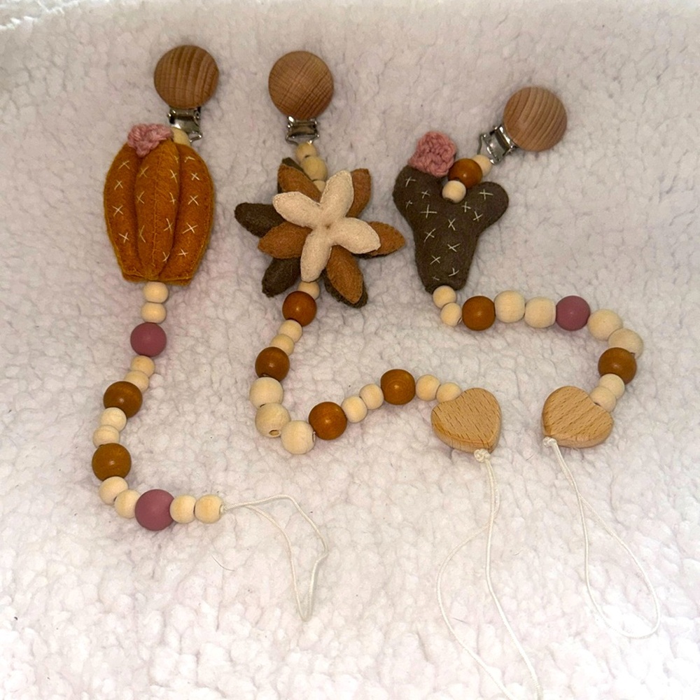 Lot of 3 Handmade Silicon and Wood Cactus  & Succulent  Pacifier/Binky Clips-